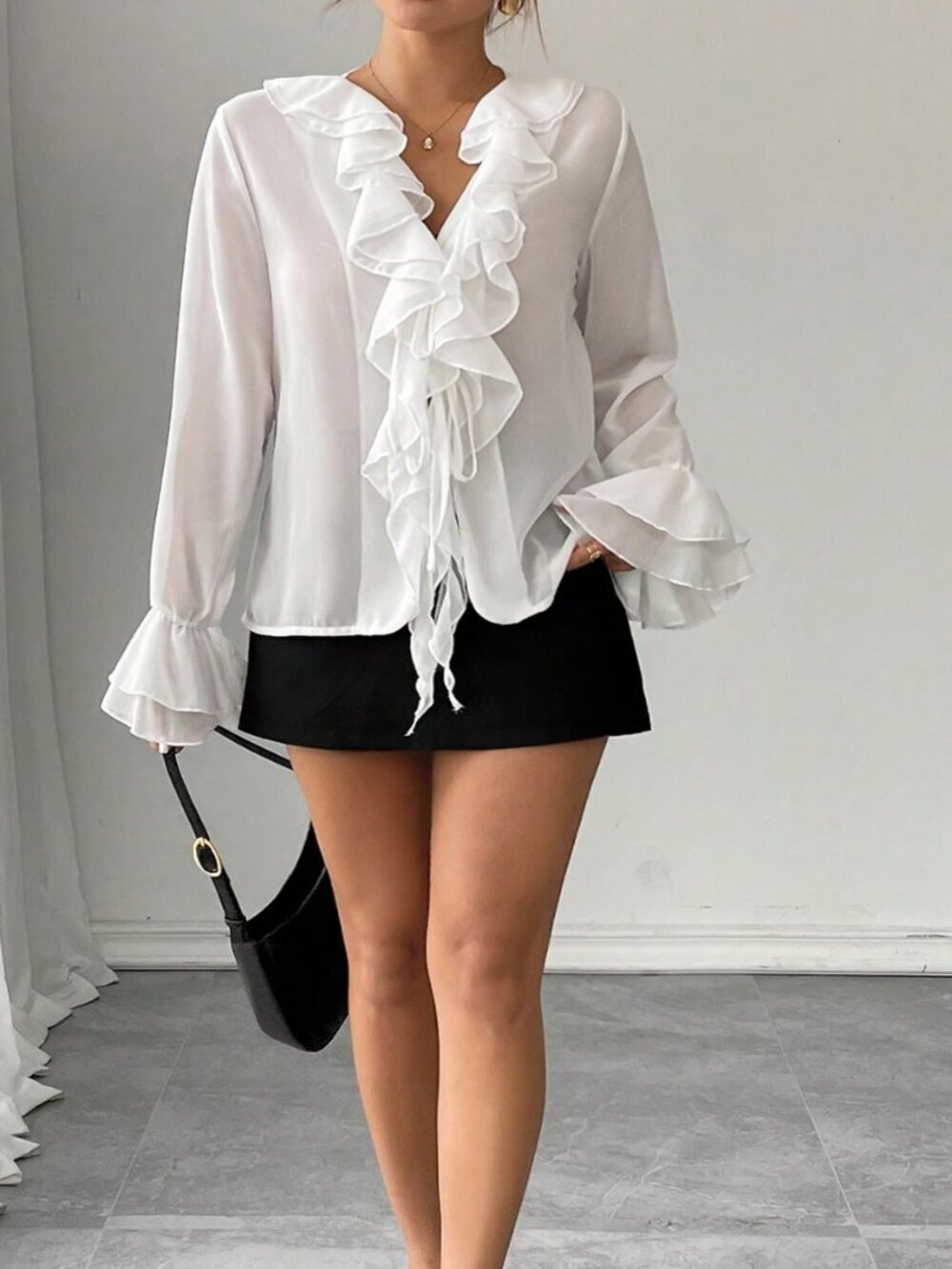 White Casual Women's Babydoll Ruffle V-Neck Long Sleeve Shirt with Tie-Up Detail - Picture 5 of 6